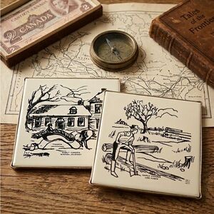 Vintage KMS Co. Early Canada 6" Ceramic Trivets / Wall Plaques - Set of 2